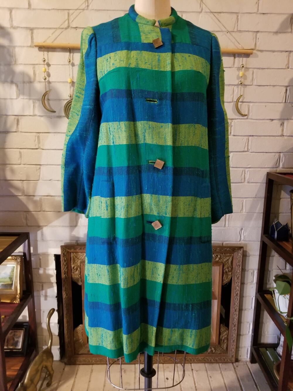 Vintage 60s Voyager West Youthcraft Mod Blue Green Striped A Line Coat M ILGWU